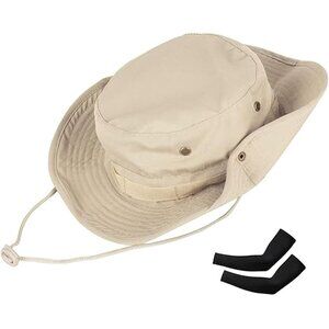 Unisex Beige Wide Brim Boonie Uv Protection Chin Strap Adjustable Cowboy Sun Hat